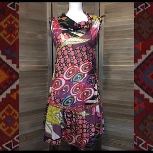 Kukul Multi-Color Mini Dress with Cowl Neck and Shoulder Ties, Medium, NWOT